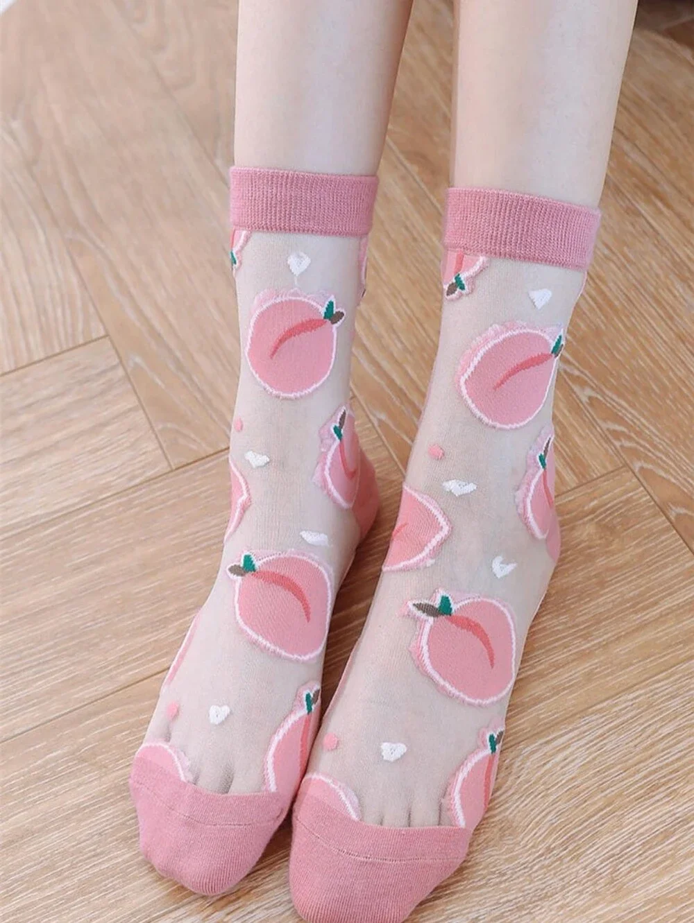 RETRO SHEER PEACH FRUIT PATTERN GLASS SILK SOCKS  O/S